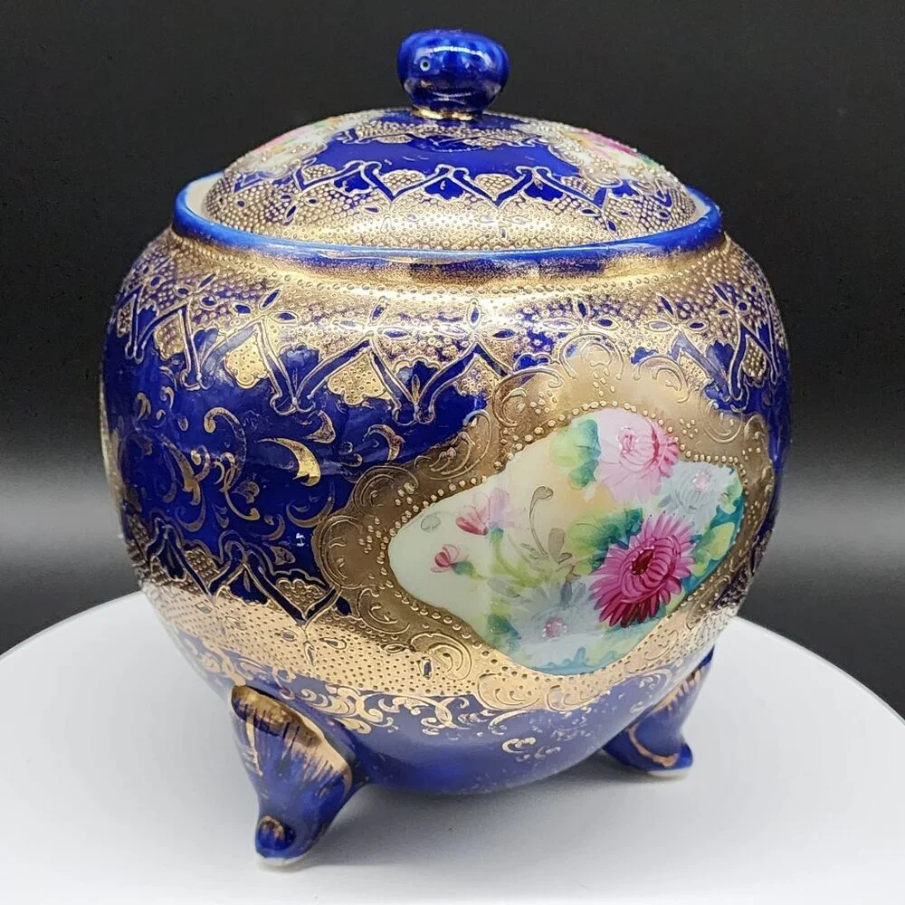 Antique Porcelain Biscuit Jar Hand-Painted Cobalt Blue & Gold Hand Painted 7